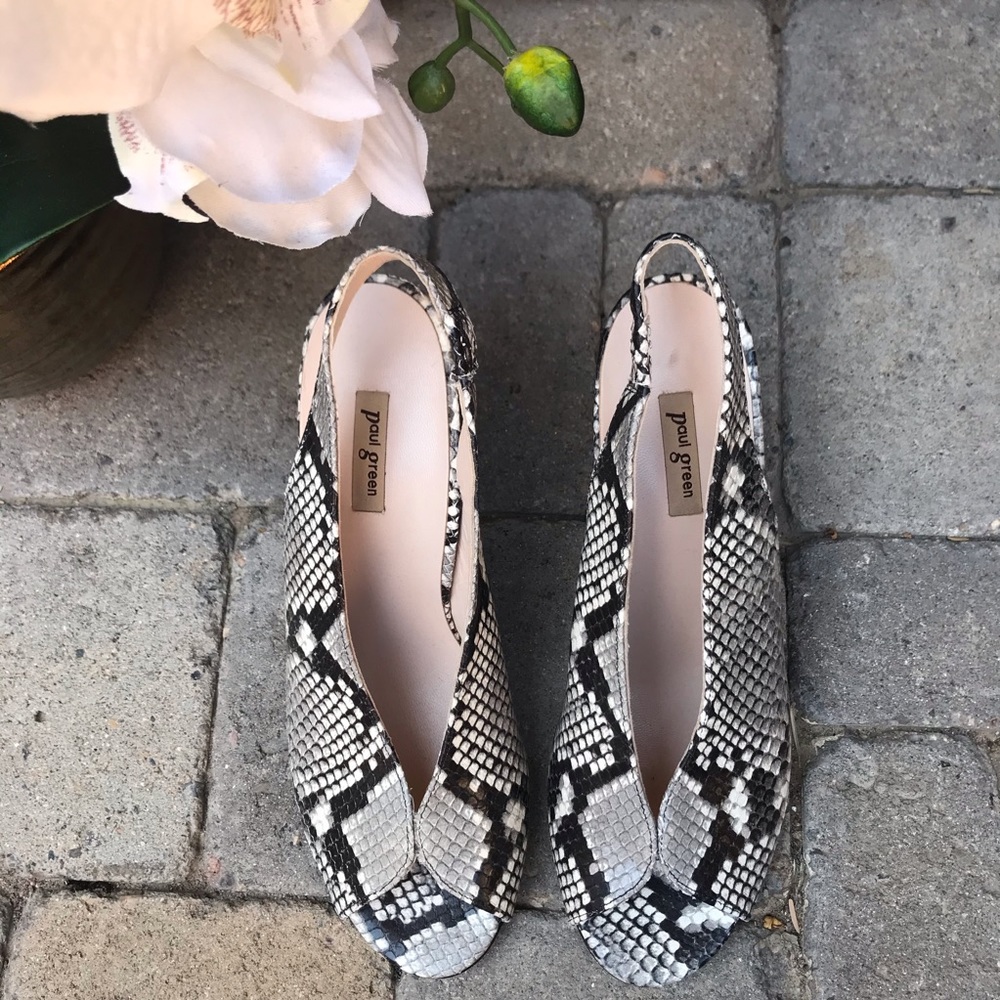 Paul Green Black and White Snake Print Slingback Heels